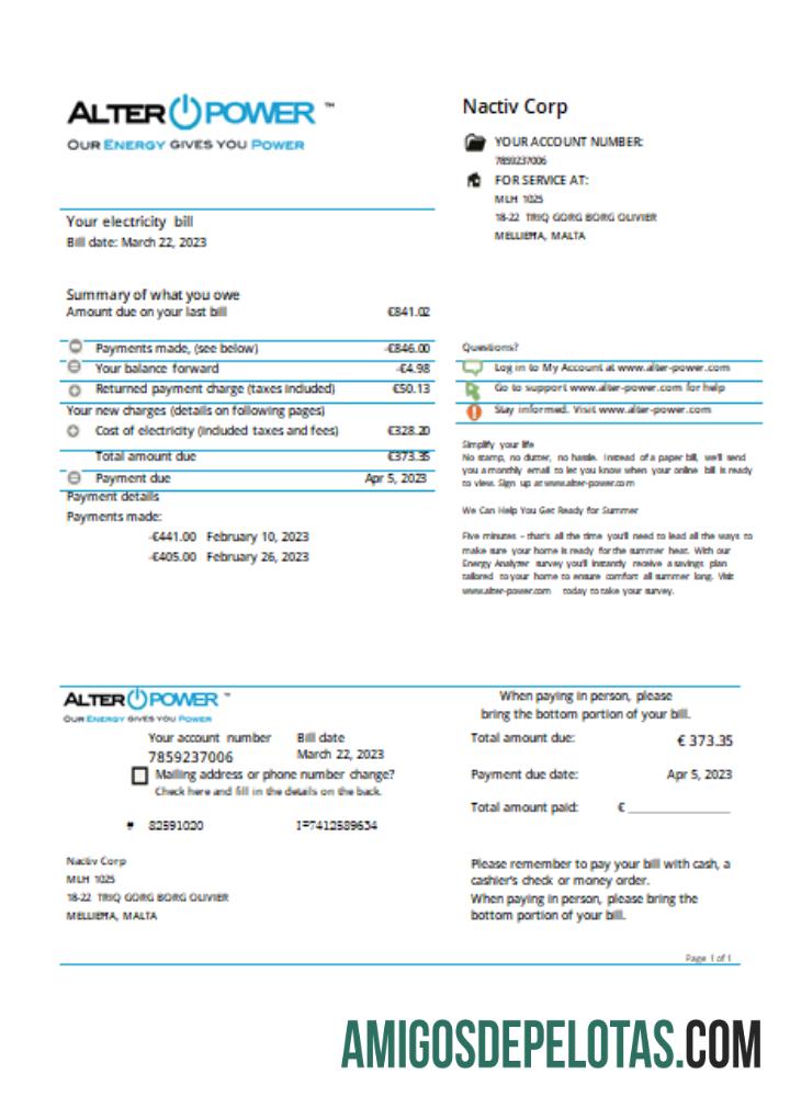 Comprovante de endereço da AlterPower Malta, fatura de serviços públicos, SCR exemplo real